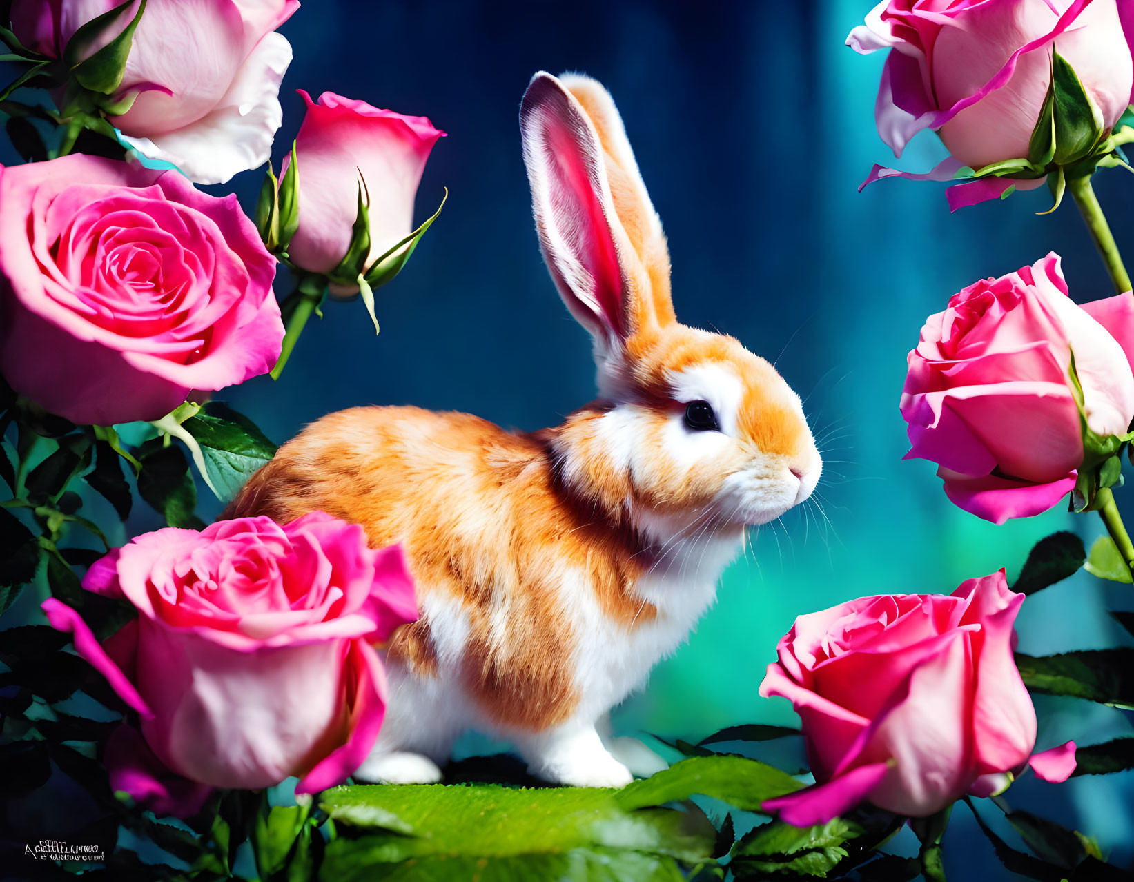 Orange and White Rabbit with Pink Roses on Blurred Blue Background