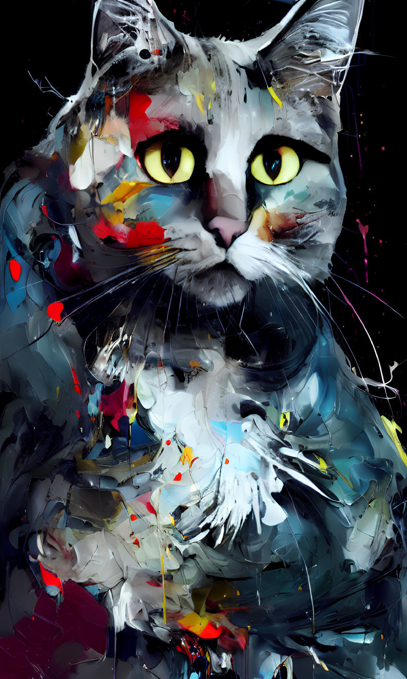 Colorful Abstract Cat Art with Yellow Eyes on Dark Background