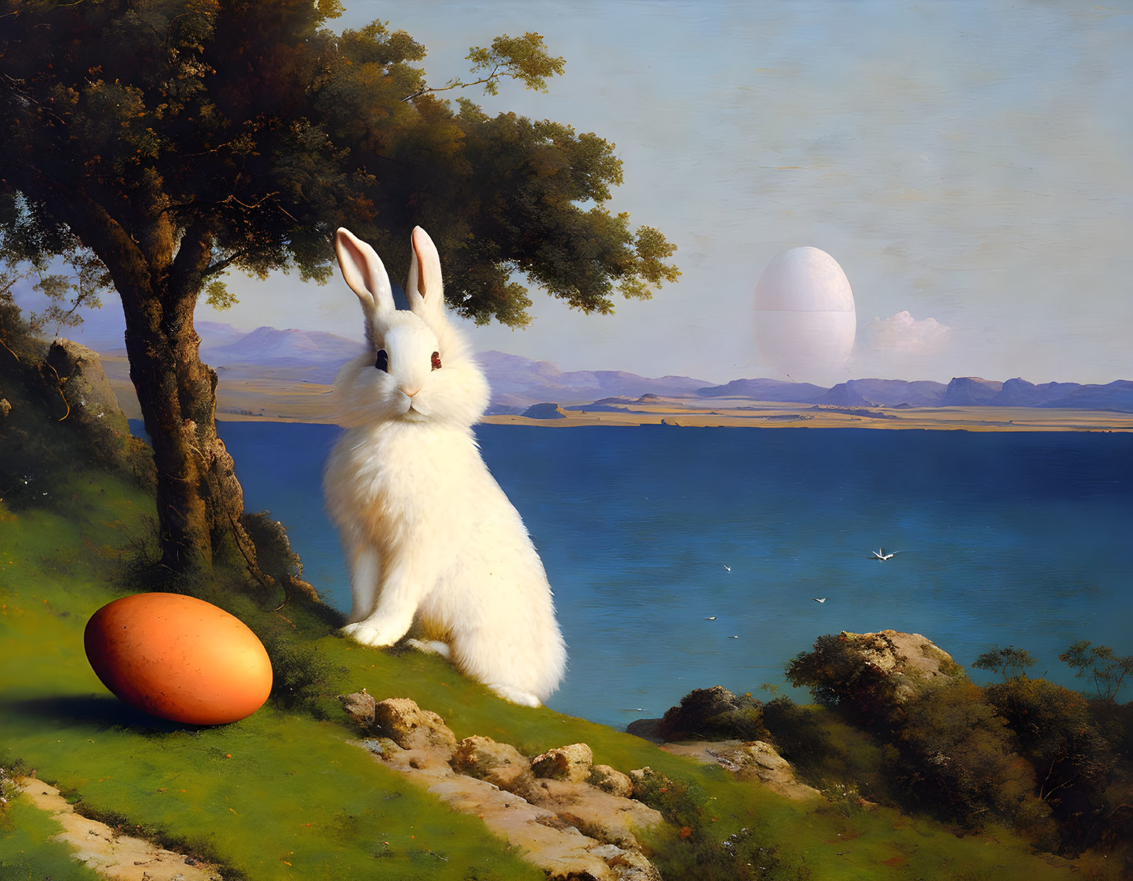 Surreal landscape with giant rabbit, egg, trees, water, and balloon