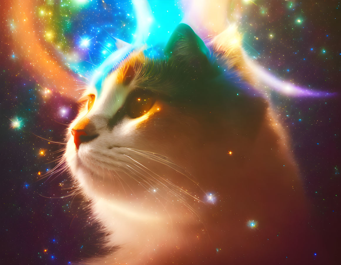 Cat with head on star-filled nebula: Surreal cosmic depiction