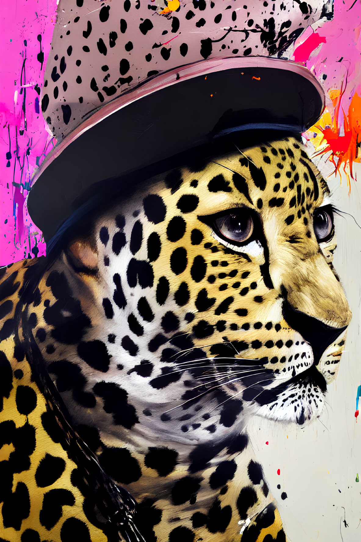 Stylized leopard in bowler hat on colorful background