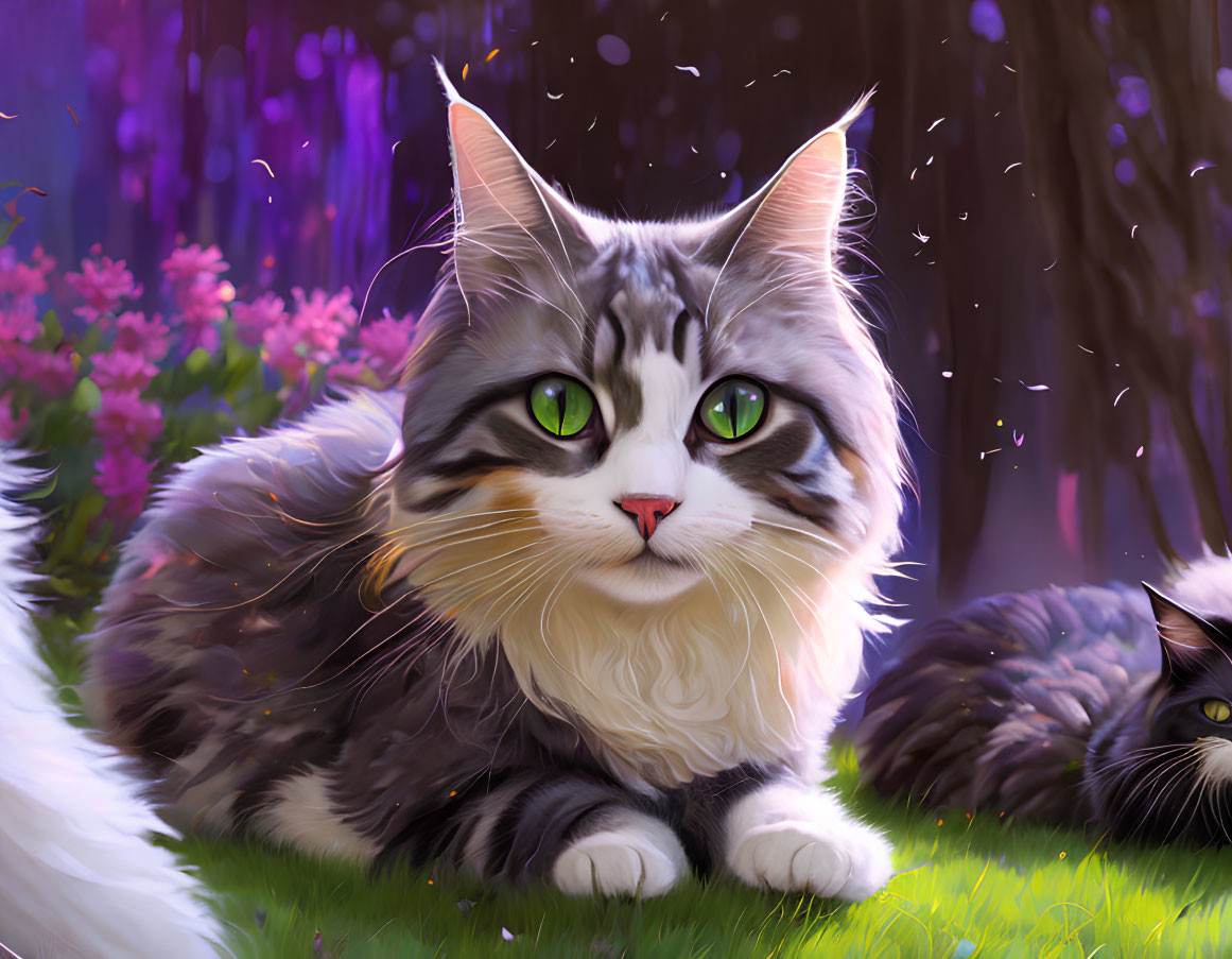 Fluffy Maine Coon Cat with Green Eyes in Garden with Purple Flowers