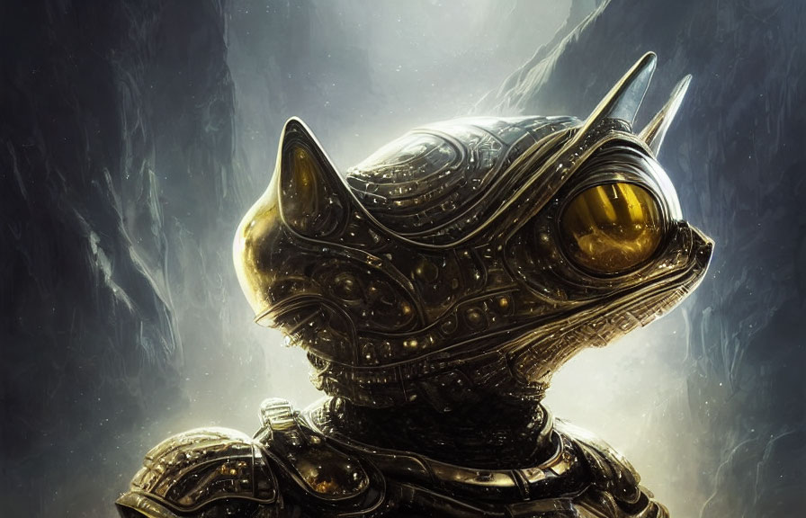 Detailed metallic cat-like figure with glowing yellow eyes on misty background