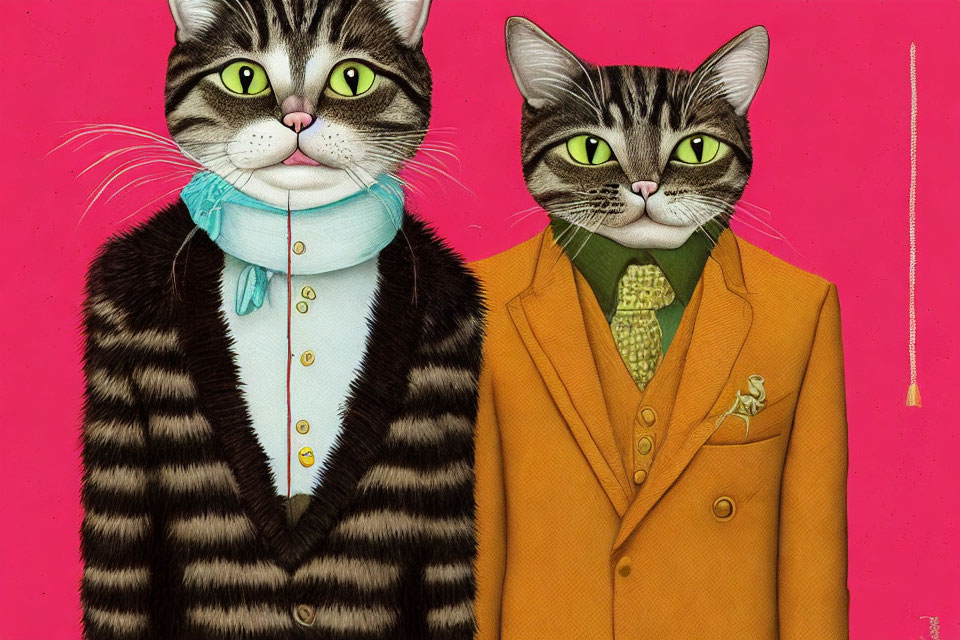 Stylized cats in human clothing: one with turquoise scarf, the other in yellow suit