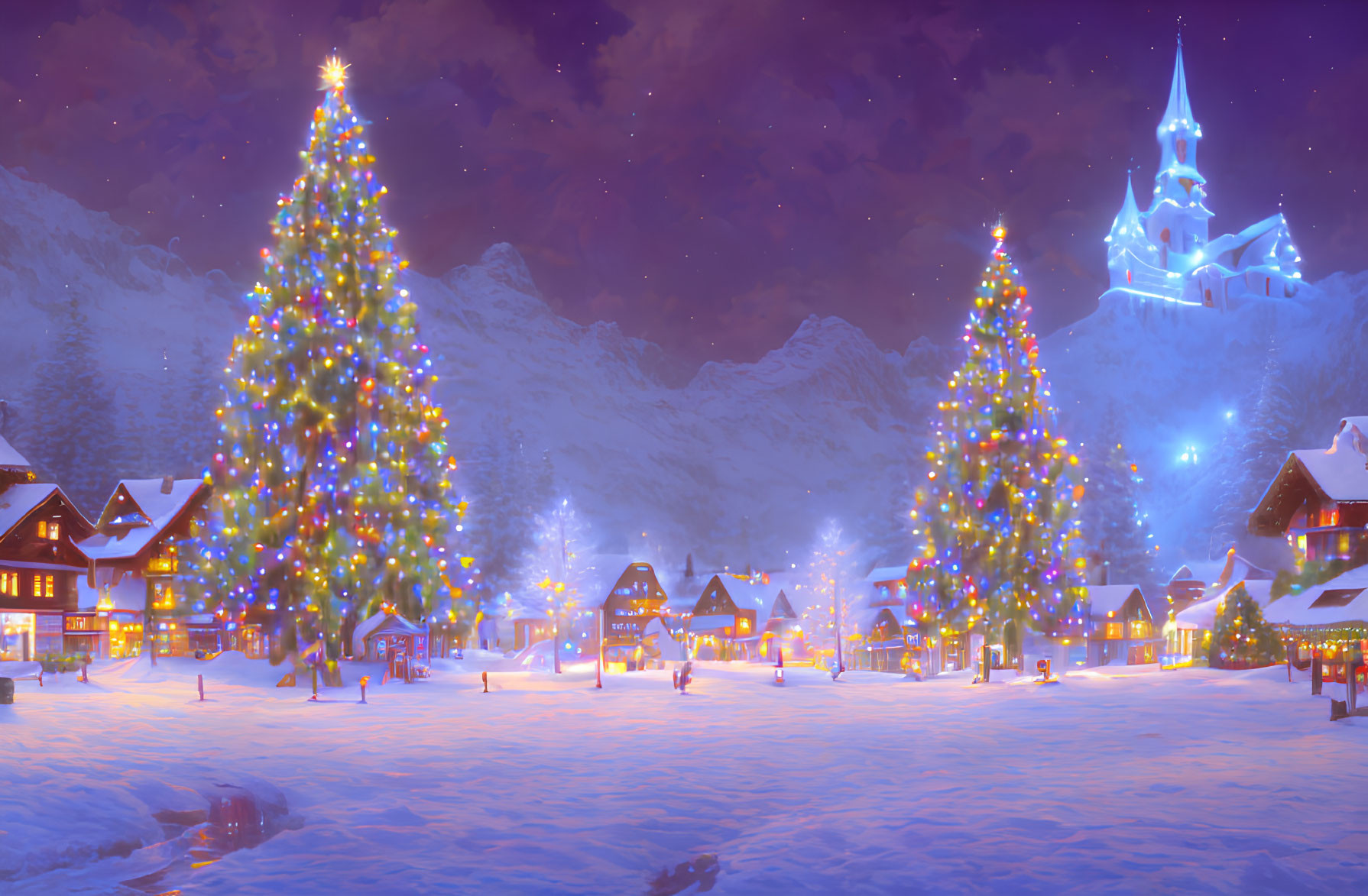 Snowy village at dusk with Christmas trees, lights, and castle under starry sky