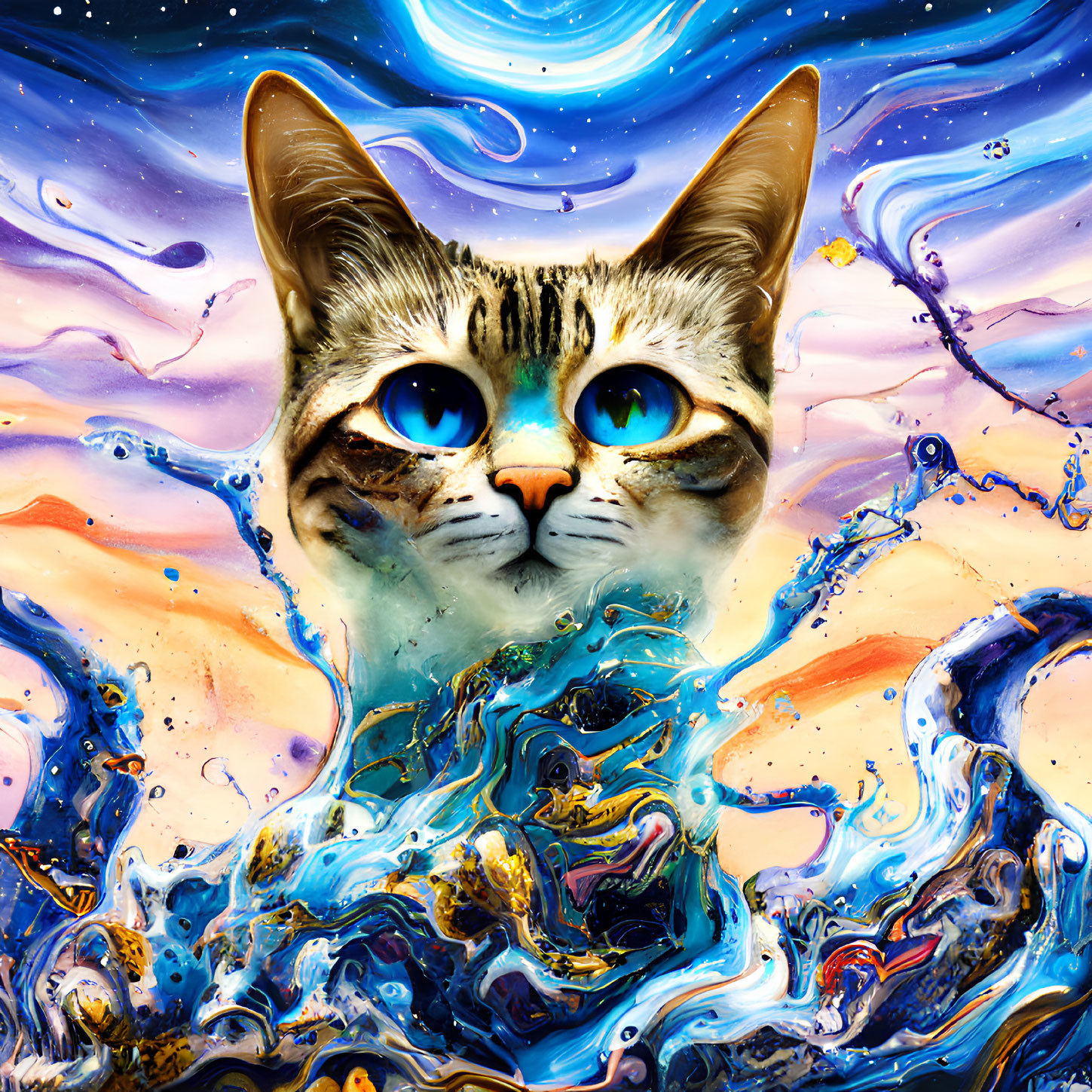 Surreal cat head with blue eyes in colorful swirls.