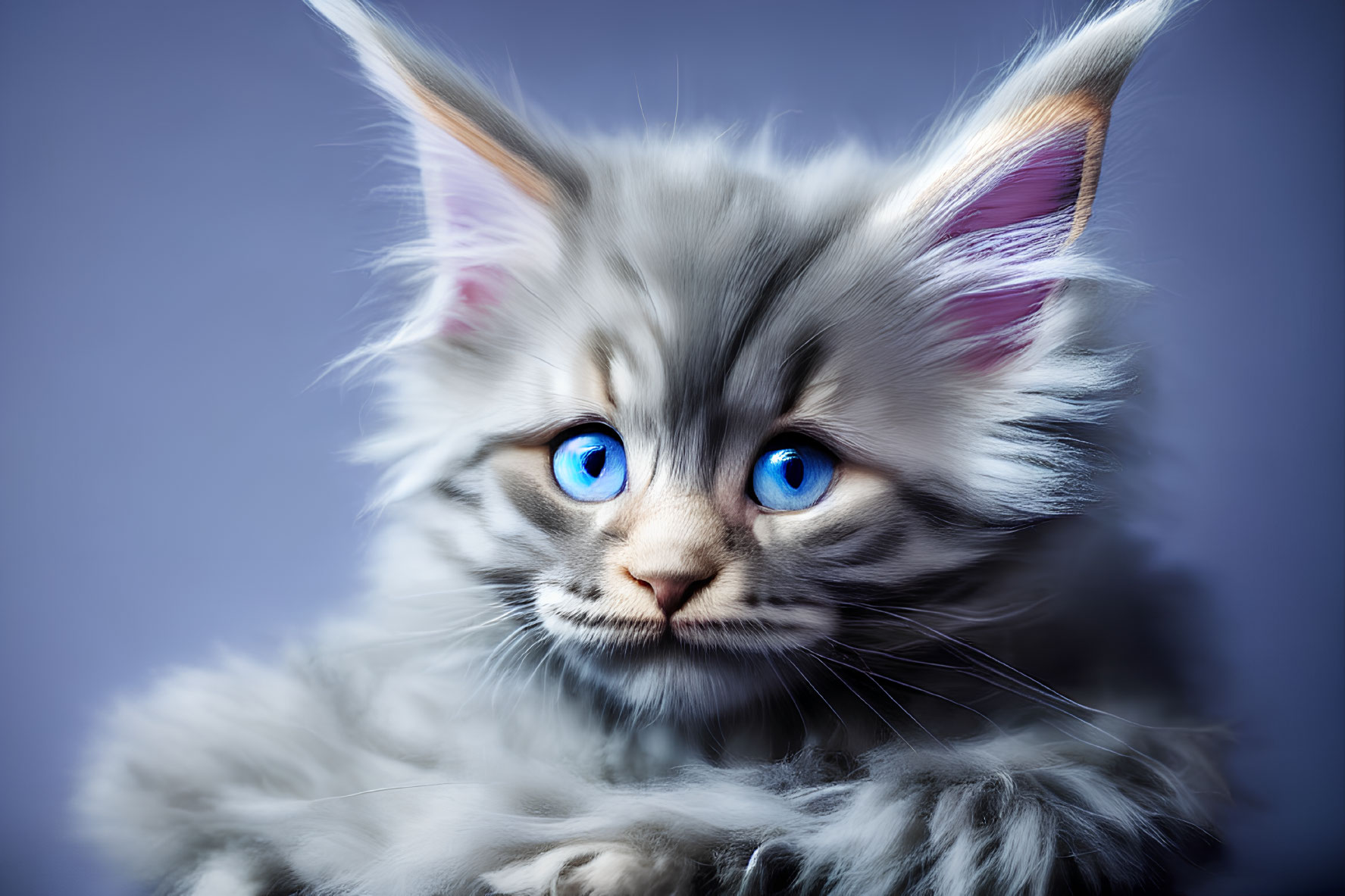 Adorable gray kitten with blue eyes and whiskers on blue backdrop