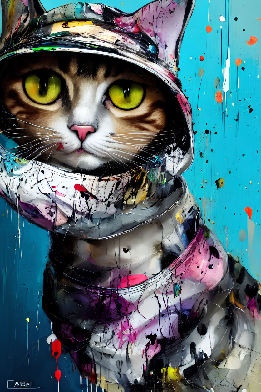 Colorful Cat in Astronaut Suit with Human-Like Eyes on Blue Background