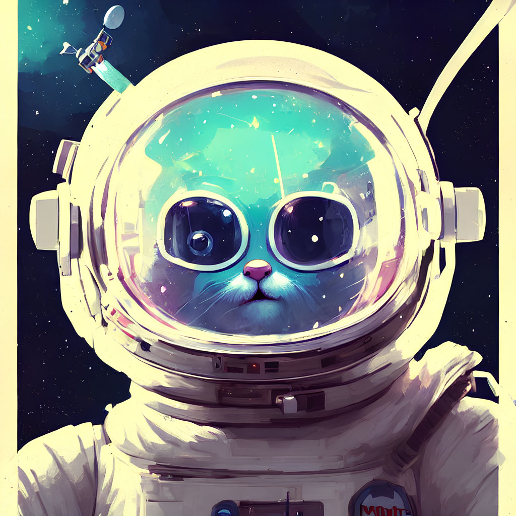 Blue-eyed cat in astronaut suit floating in space with stars and satellite