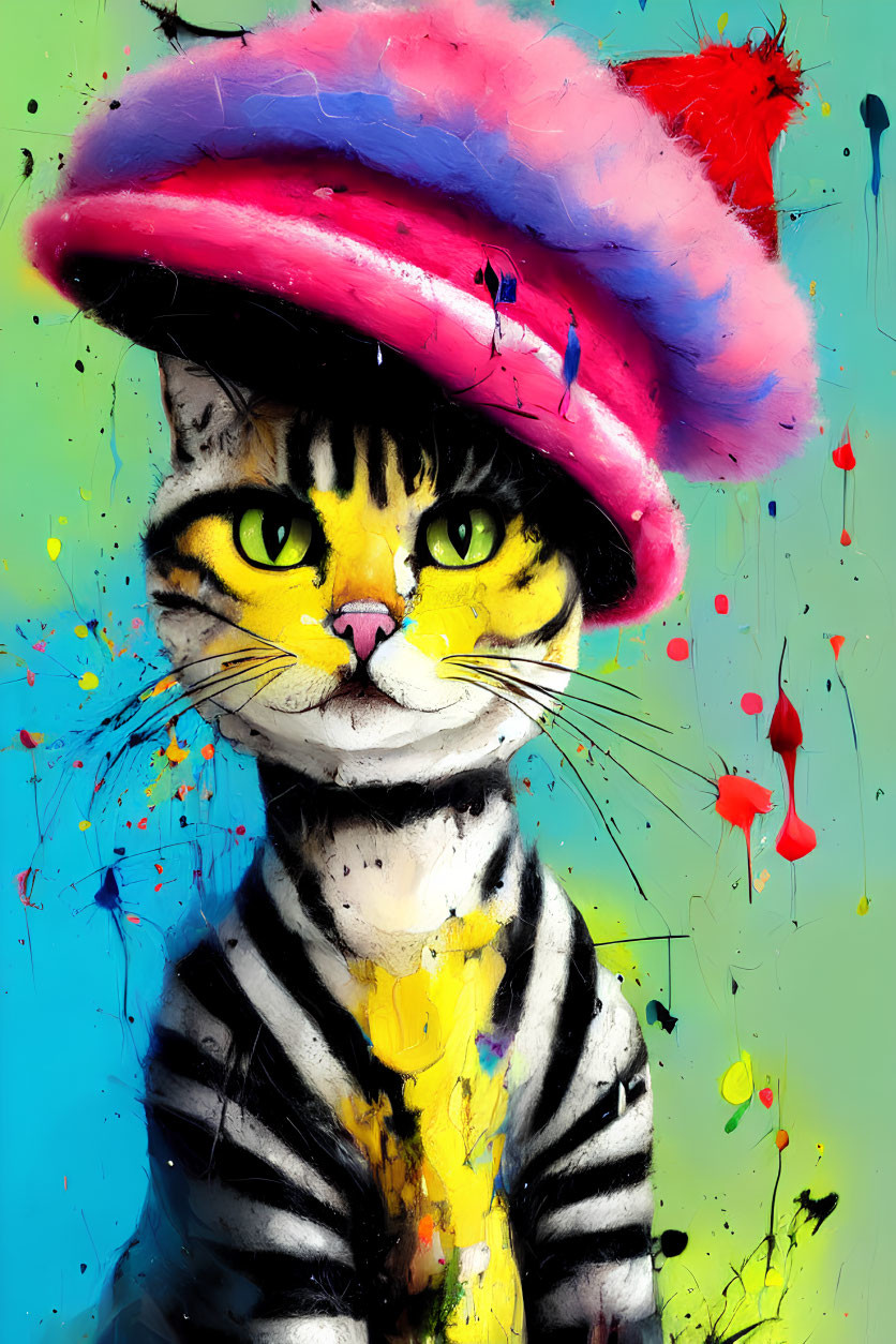 Stylized cat in beret against splattered paint background