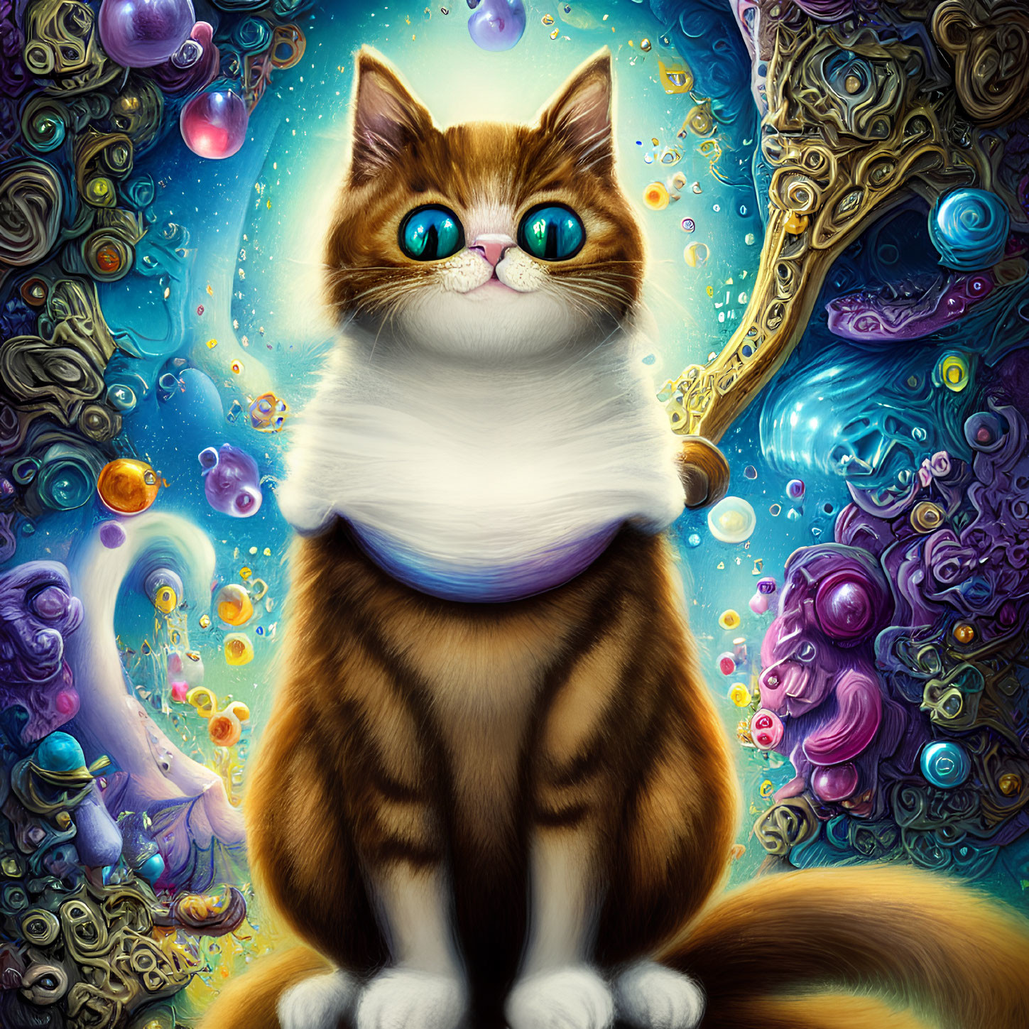 Whimsical brown and white cat illustration with expressive green eyes
