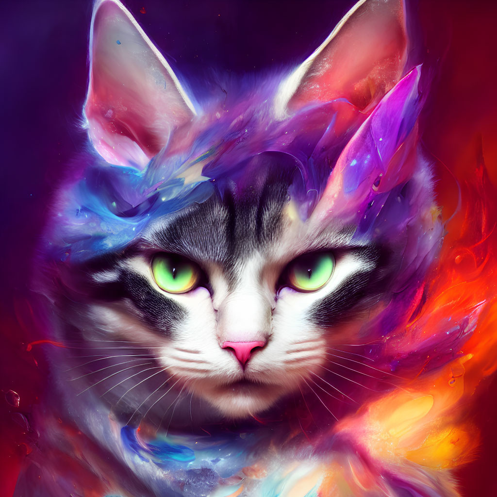 Colorful Digital Art: Cat with Green Eyes in Cosmic Nebula