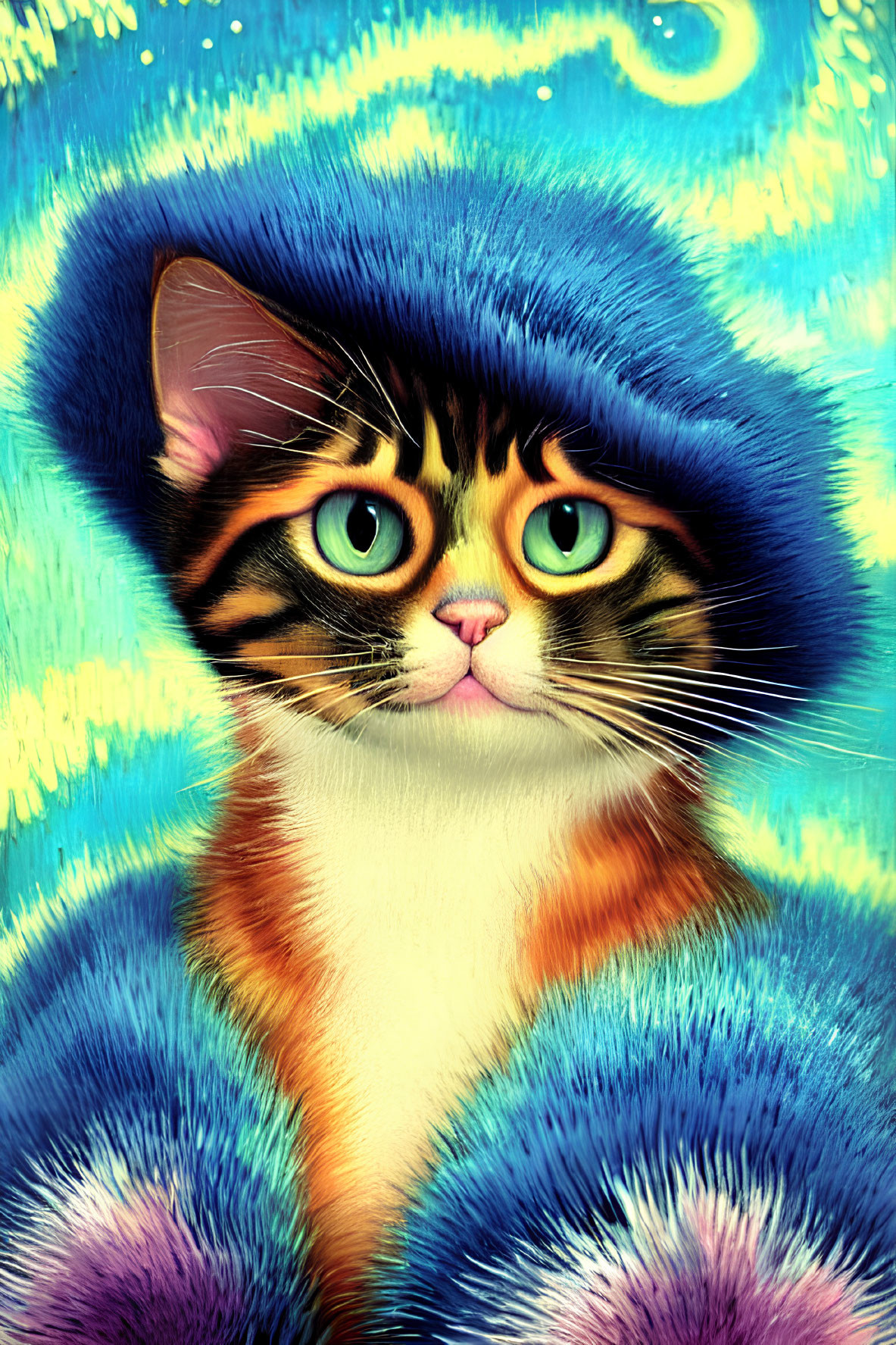 Colorful Digital Artwork: Cat with Green Eyes and Blue Hat on Van Gogh-Inspired