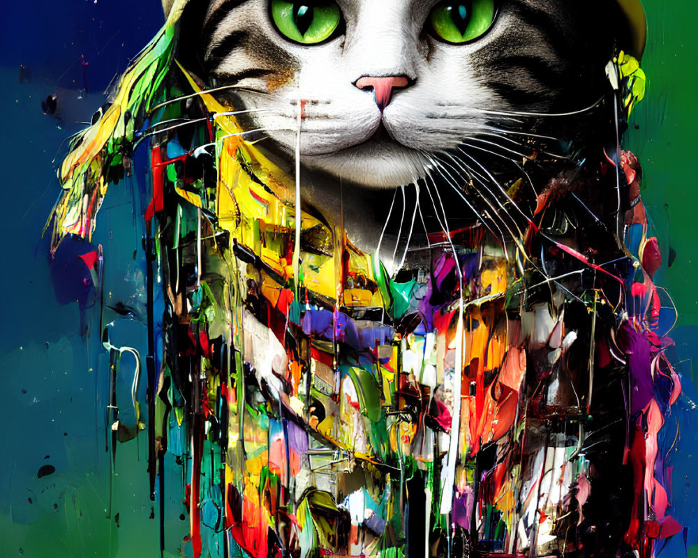 Colorful digital artwork: Cat with green eyes in yellow hat, melting paint drips.