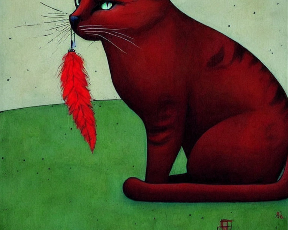 Stylized maroon cat with oversized whiskers and feather, sitting on green surface with tiny window