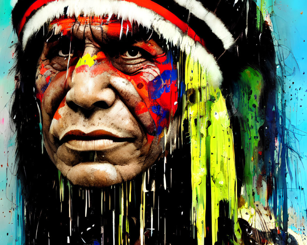 Colorful portrait with indigenous attire and face paint, expressive eyes, and dripping paint overlay.