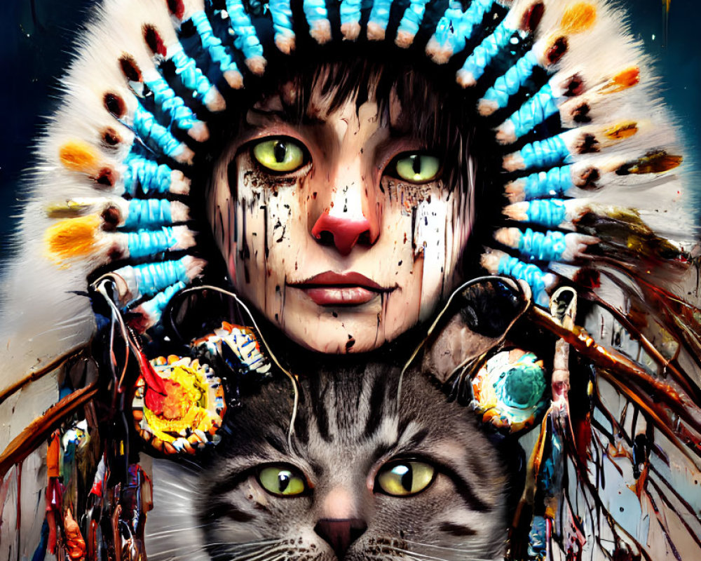 Person in Native American headdress with cat-like features next to a cat on paint backdrop