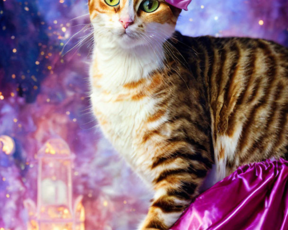 Cat with Striking Markings and Pink Bow Headband Beside Lantern on Galaxy Background