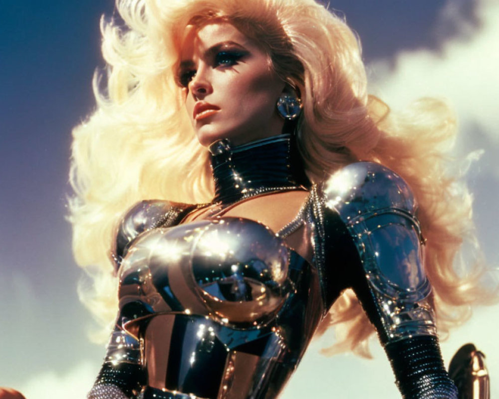 Blonde woman in futuristic metallic armor with voluminous hair.