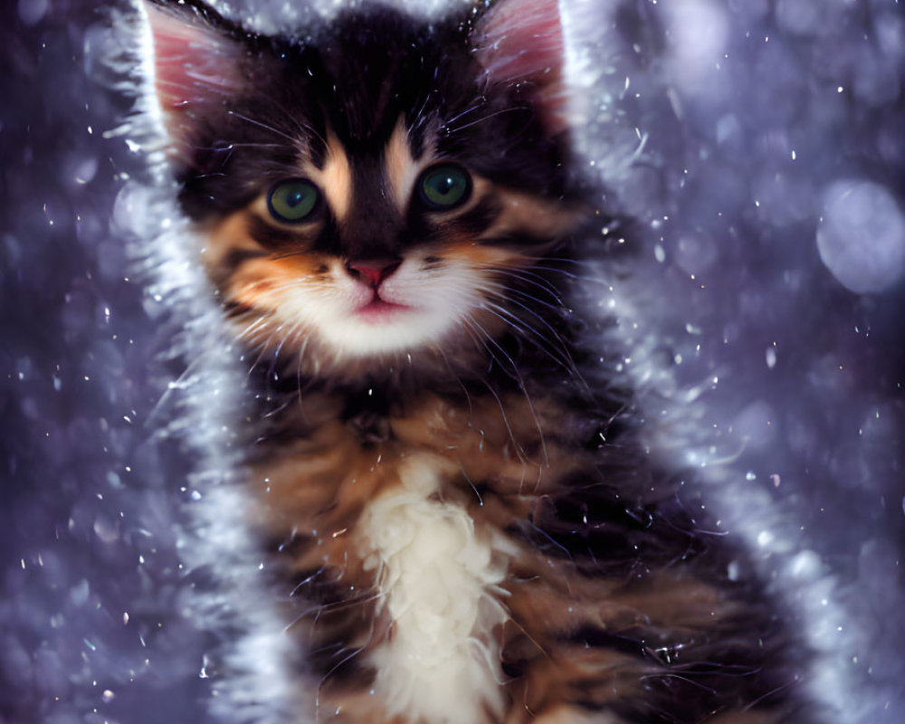 Fluffy kitten with green eyes in snowfall on purple backdrop