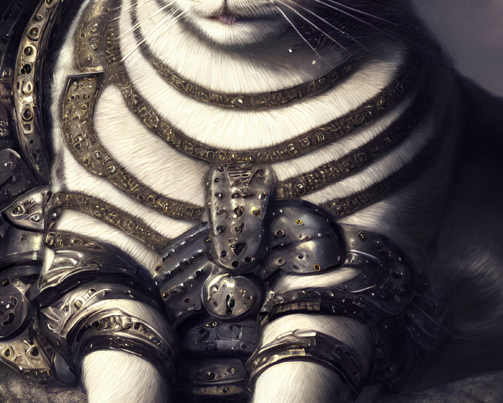Regal cat in detailed medieval armor with striking green eyes