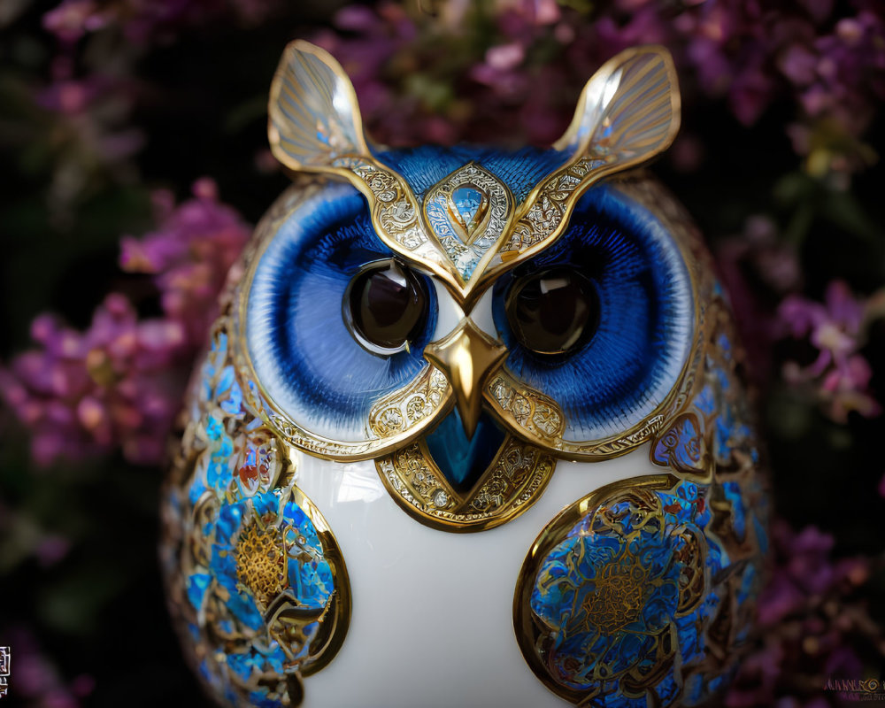 Blue and Gold Patterned Owl Figurine on Purple Flower Background