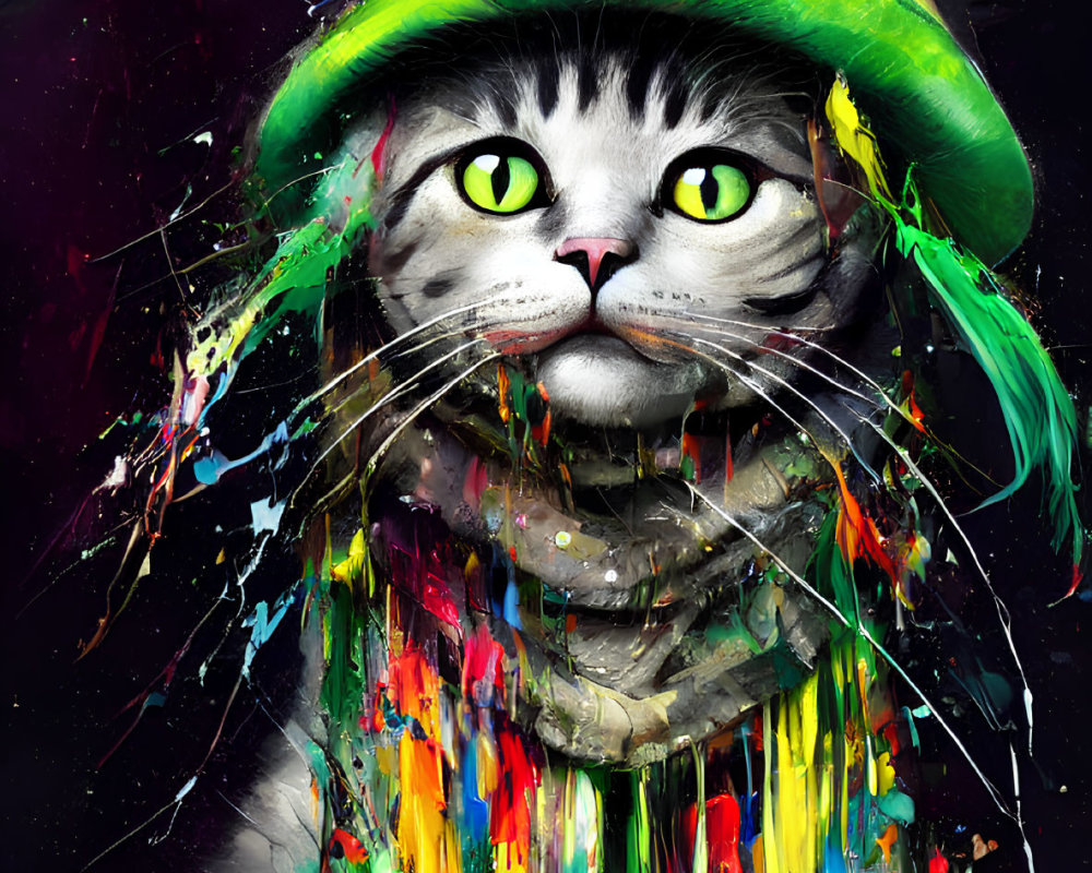 Vibrant digital artwork: Cat in yellow hat and scarf with colorful paint splatters