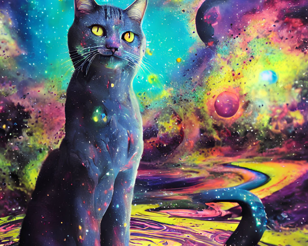 Cat with galaxy pattern on fur against vibrant space background