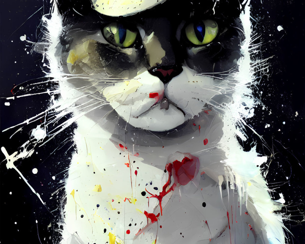 Digital painting of a cat with yellow eyes and hat in colorful splatter.