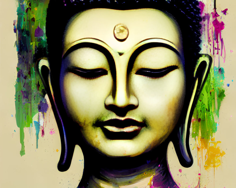 Colorful Paint Drips on Buddha's Face Against Yellow Background