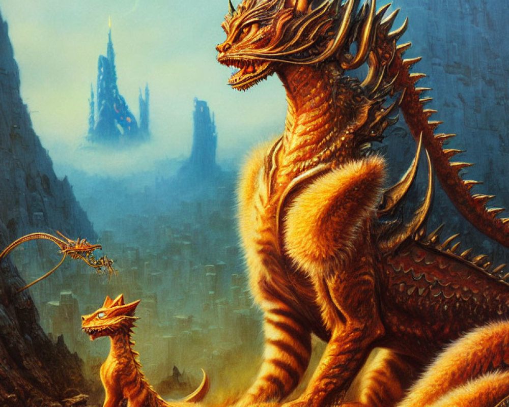 Majestic dragon with smaller companion near castle-like structure