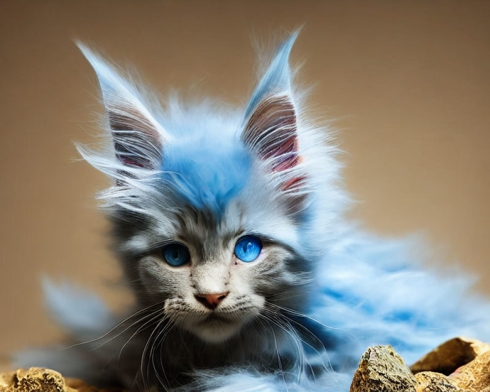 Digitally altered image of a blue fur kitten with deep blue eyes