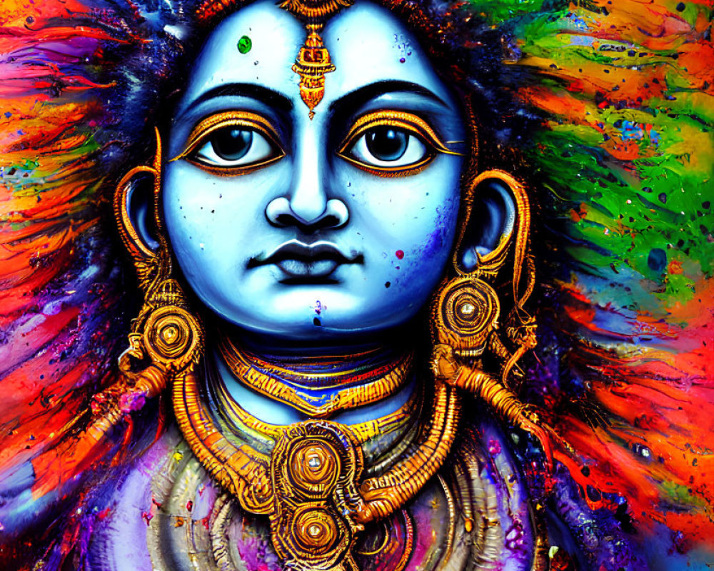 Vibrant Hindu deity with blue skin and gold jewelry in colorful artwork