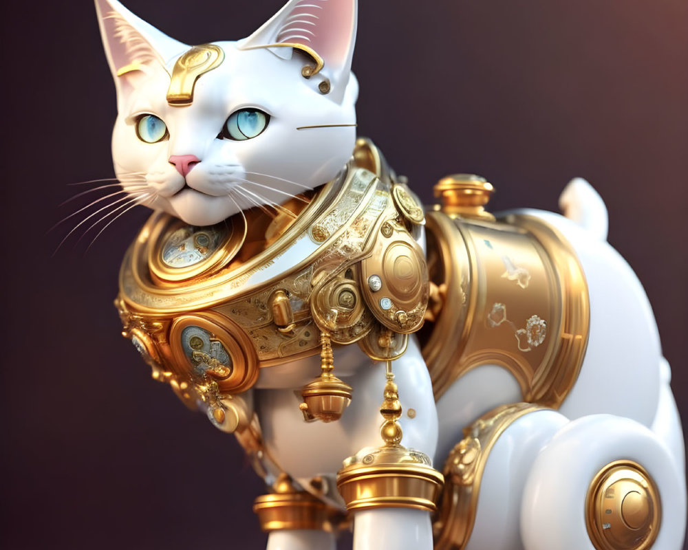 White Cat in Golden Steampunk Armor with Intricate Gears