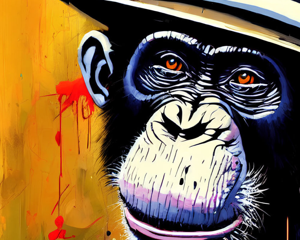 Colorful chimpanzee portrait with blue eyes and black hat on yellow background.