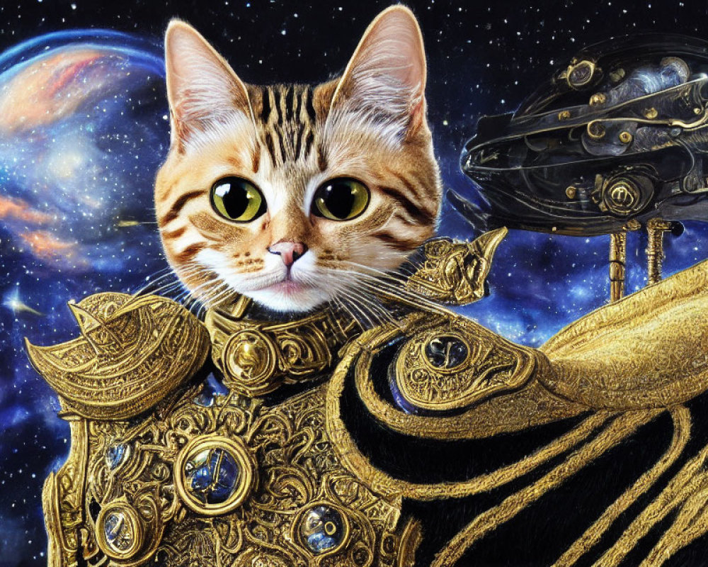Whimsical cat in golden armor on cosmic background