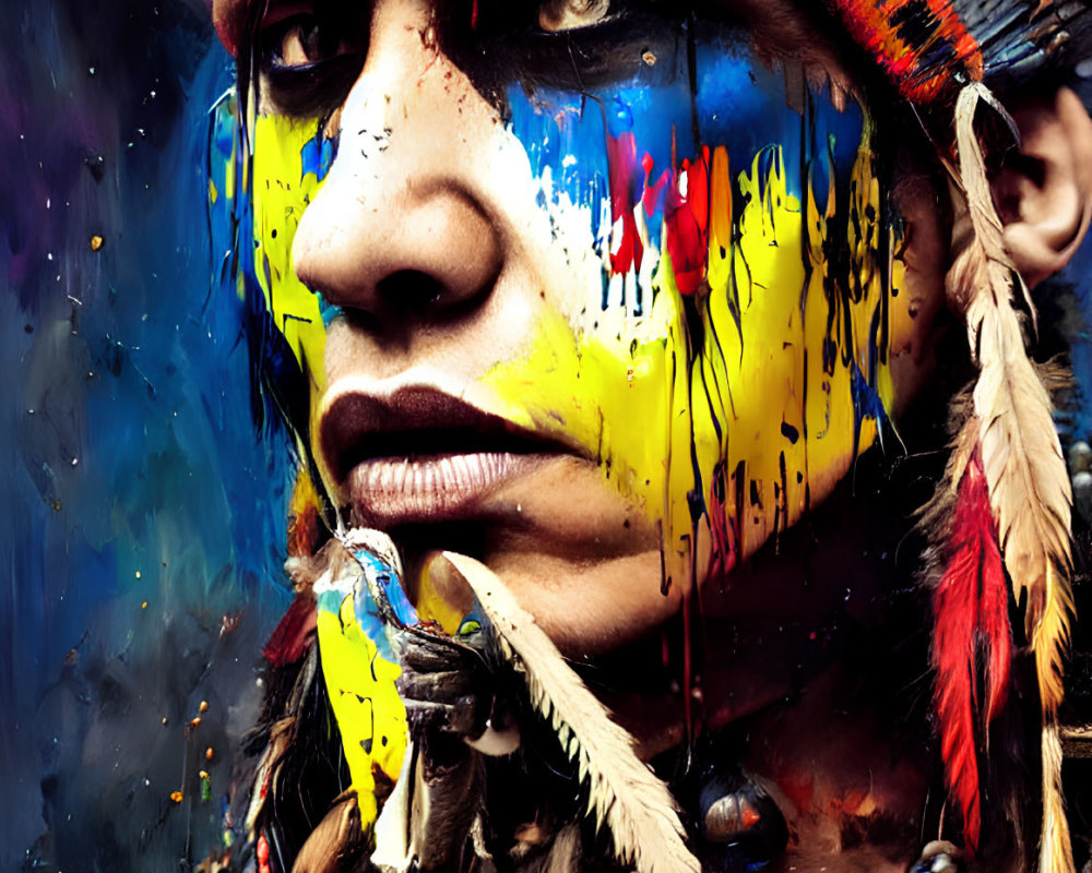 Person with vibrant face paint and feathered headdress in indigenous attire gazes sideways.