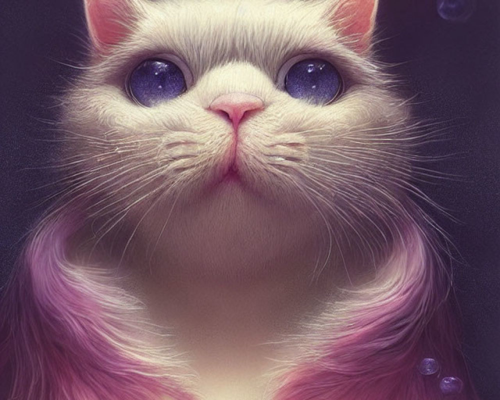 Whimsical cat with blue eyes and purple hair in bubble-filled scene
