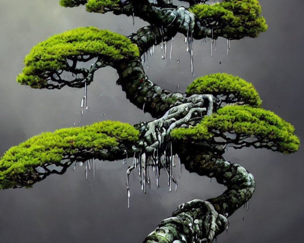 Meticulously sculpted bonsai tree with lush green canopies and twisted trunk