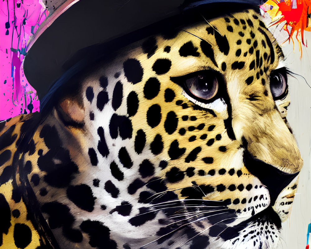 Stylized leopard in bowler hat on colorful background