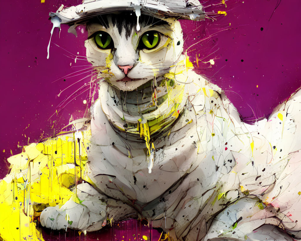 Cat with Green Eyes Wearing Hat on Pink and Yellow Background