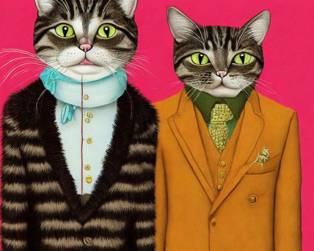 Stylized cats in human clothing: one with turquoise scarf, the other in yellow suit