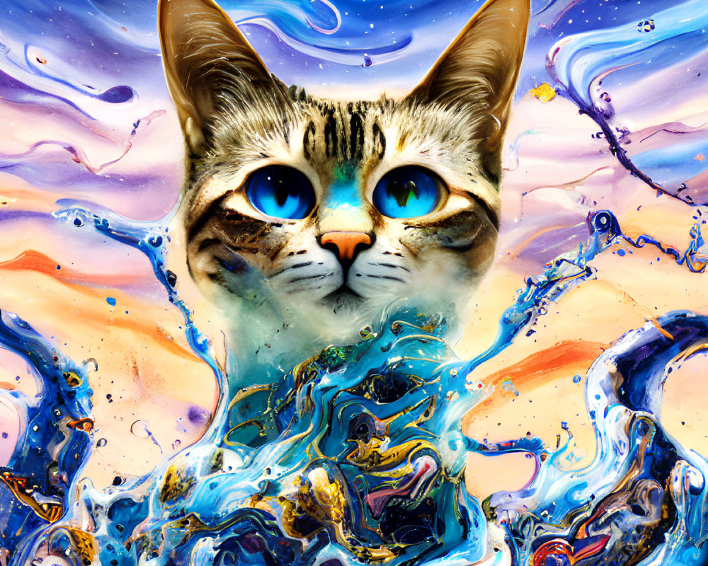 Surreal cat head with blue eyes in colorful swirls.