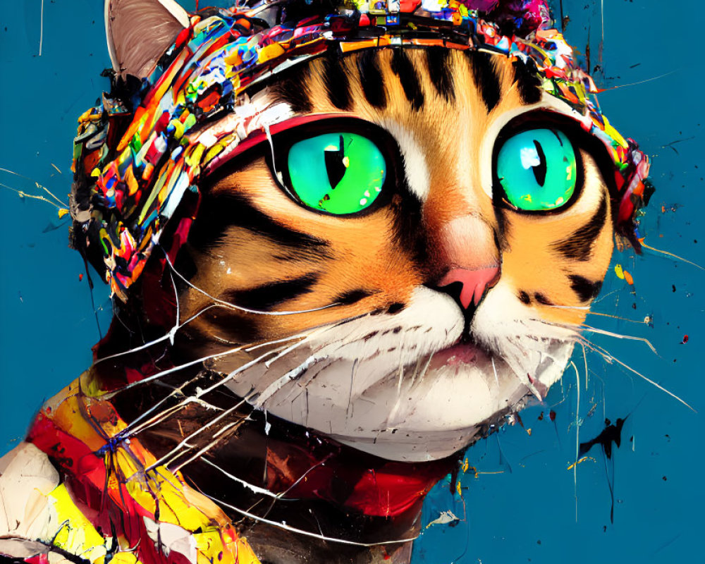 Colorful Cat Artwork with Green Eyes and Paintbrush Crown