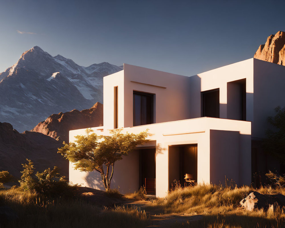 Modern White House with Large Windows Against Majestic Mountain Range