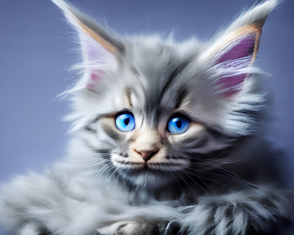 Adorable gray kitten with blue eyes and whiskers on blue backdrop