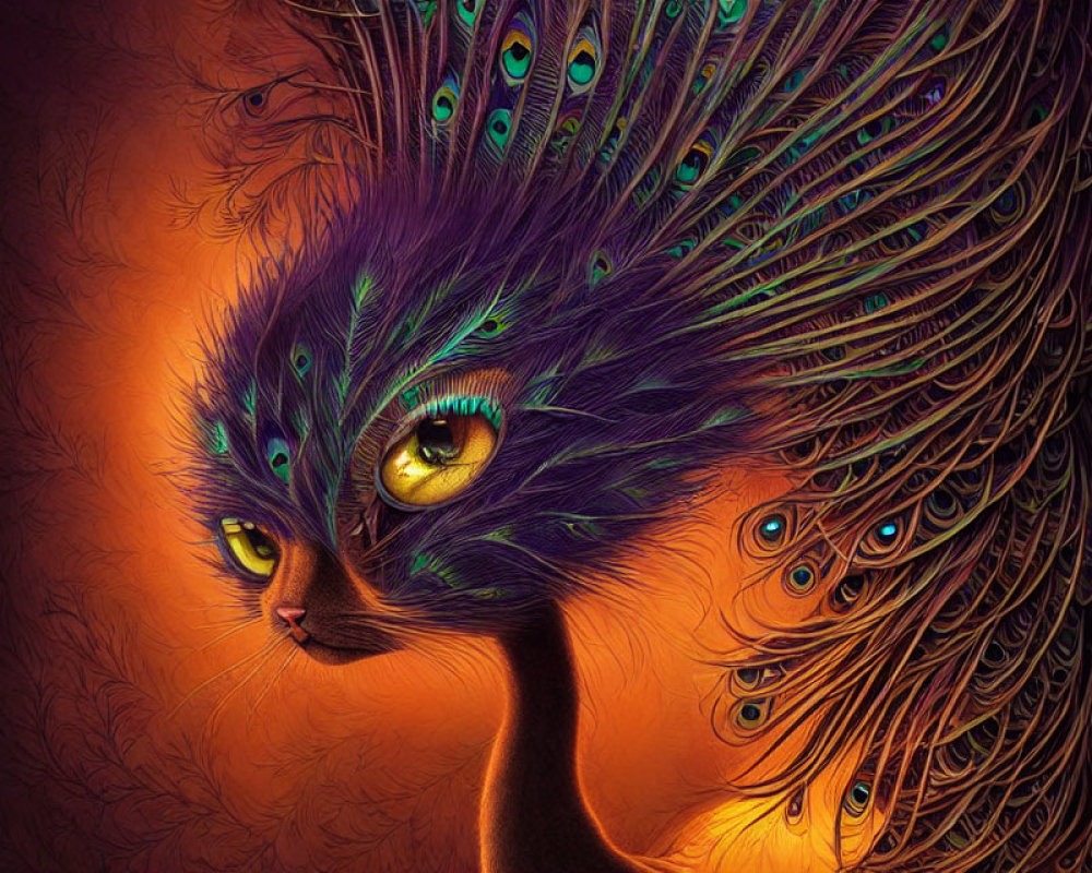 Colorful Peacock Plumage Blended with Cat's Face in Vibrant Illustration