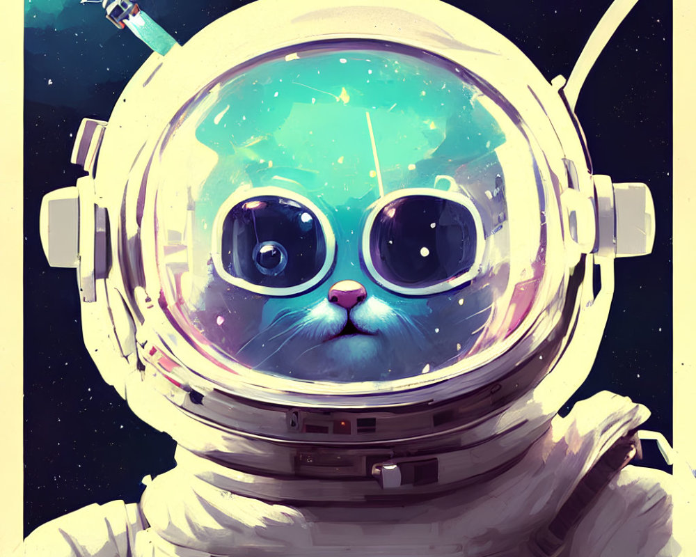 Blue-eyed cat in astronaut suit floating in space with stars and satellite