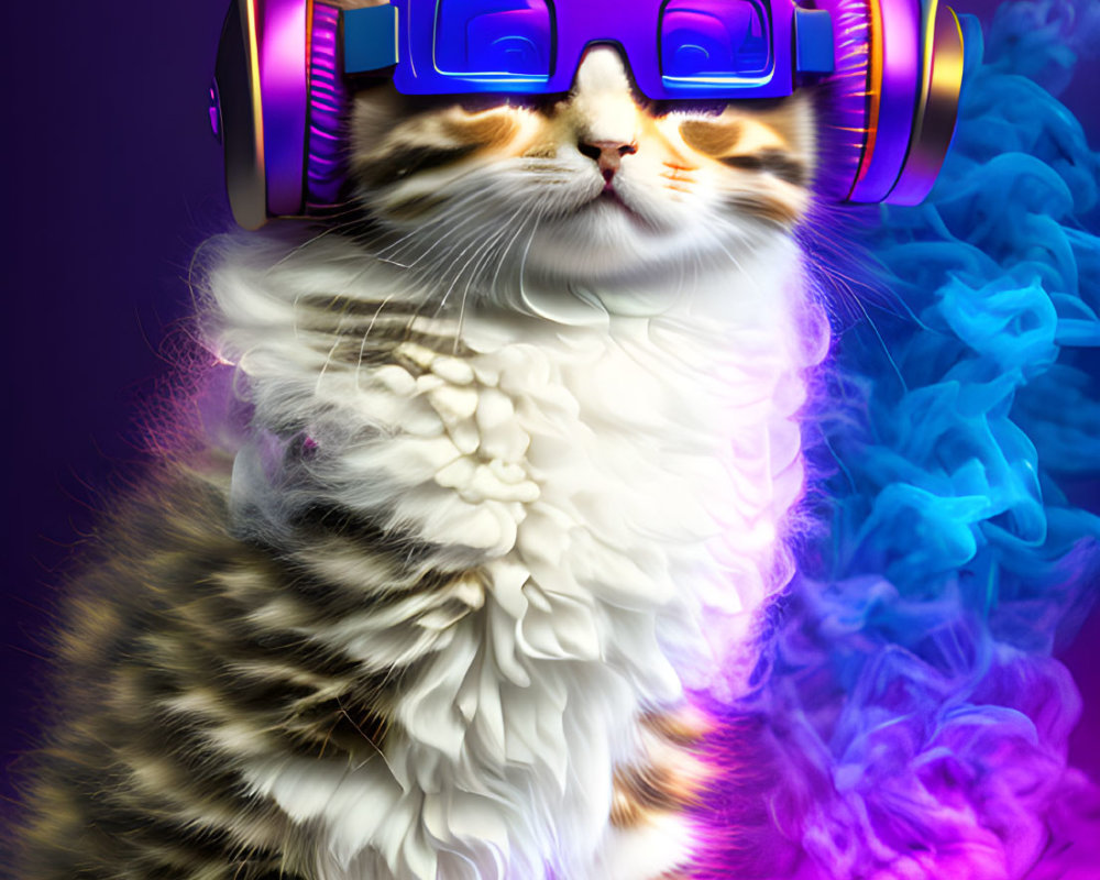 Cool Cat with Headphones and Sunglasses on Purple Background