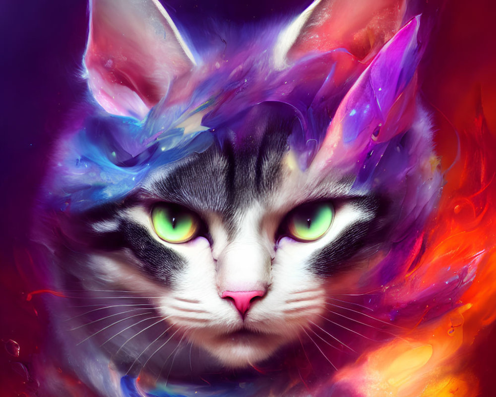 Colorful Digital Art: Cat with Green Eyes in Cosmic Nebula